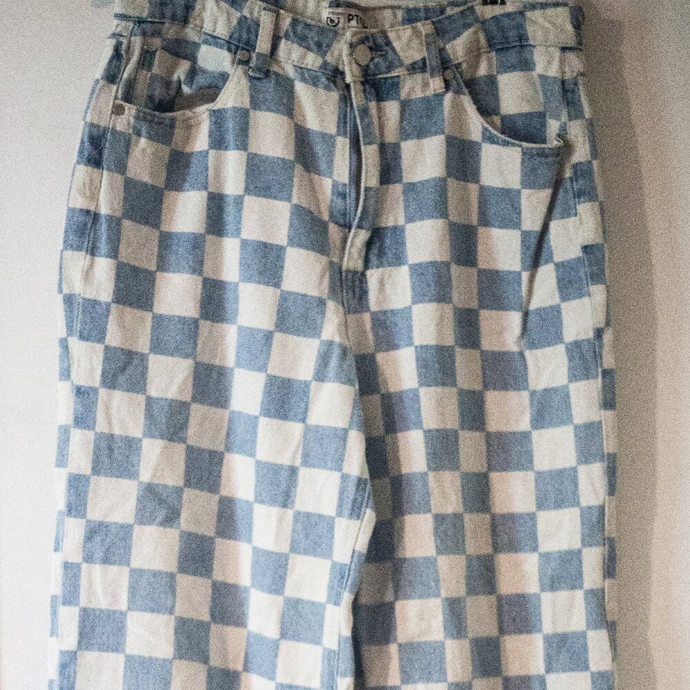 PTCL Blue & White Checkered Wide-Leg Jeans